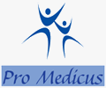 Logo Pro-Medicus - dwie niebieskie stylizowane postacie ludzkie z uniesionymi rękami, pod nimi napis Pro Medicus